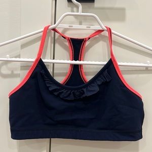 Lululemon Sports Bra, Navy Ruffles with bright color piping, Size 8